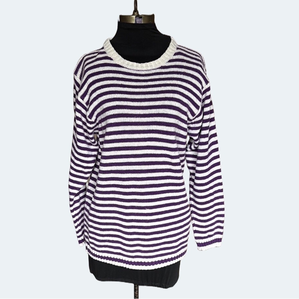 Arizona Jean Company Striped Purple and White Women's Sweater Large